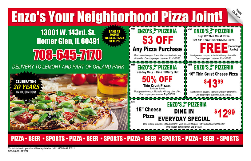 Enzo's Pizza Coupons & Offers Money Mailer Coupons in Homer Glen, IL
