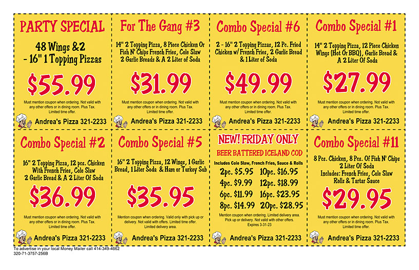 Andrea's Pizza & Family Restaurant Coupons & Offers Money Mailer