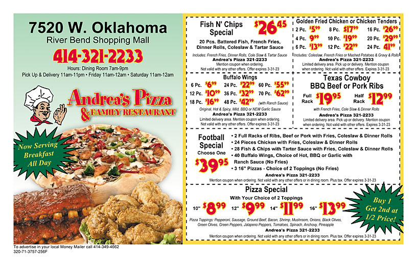 Andrea's Pizza & Family Restaurant Coupons & Offers Money Mailer