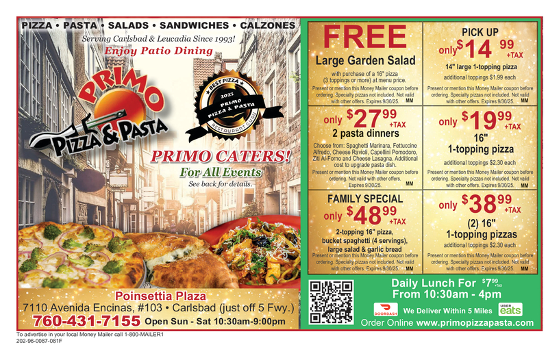 Primo Pizza & Pasta - Pizza restaurant in Carlsbad, CA