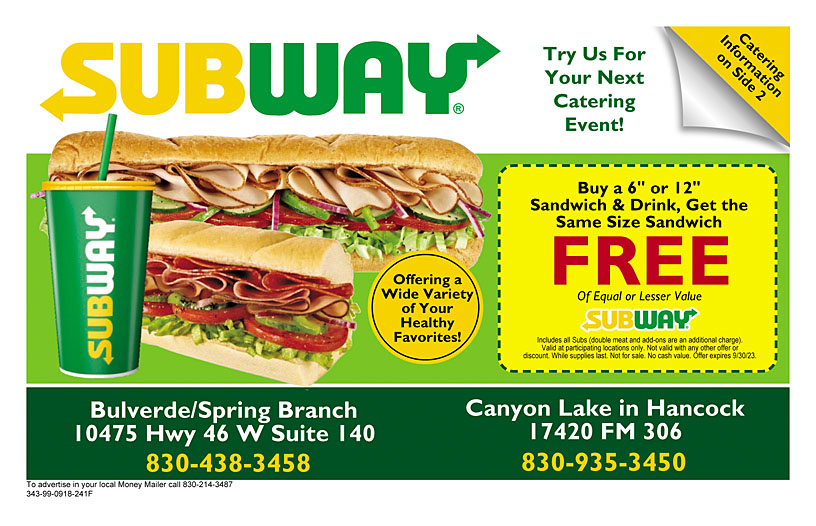 Subway - Coupon & Promo - Canyon Lake, TX - Money Mailer
