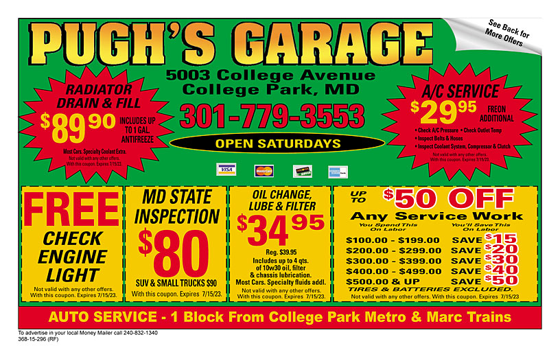 Pugh's Garage Coupons & Offers Money Mailer Coupons in College Park, MD