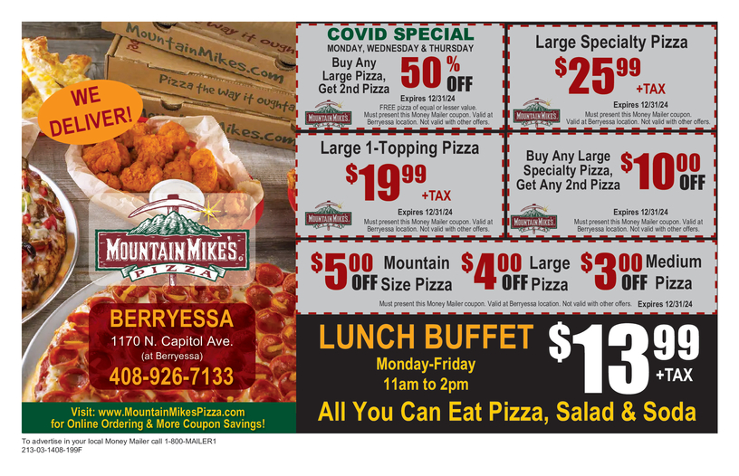 Mountain Mike s Pizza Berryess Coupons Offers Money Mailer Coupons in San Jose CA MoneyMailer